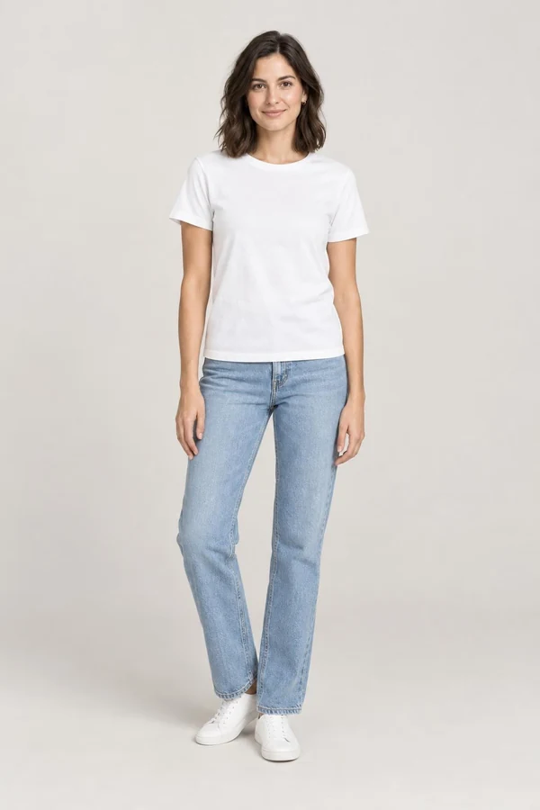 A shopper's photo: a woman in a white t-shirt and jeans