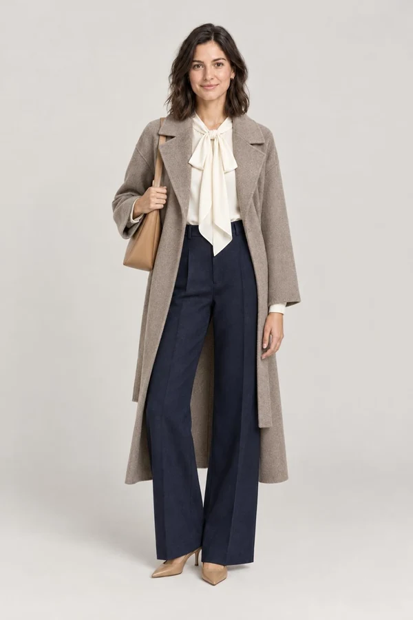 The same shopper wearing the cashmere wrap coat, silk bow blouse and wide leg trousers