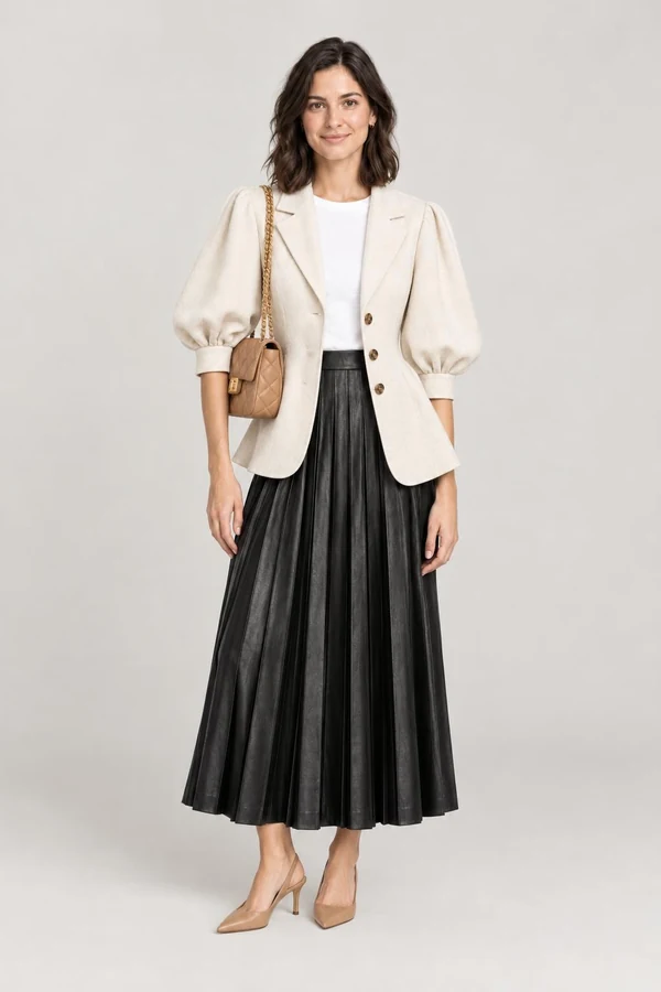 The same shopper wearing the balloon sleeve jacket and pleated leather midi skirt